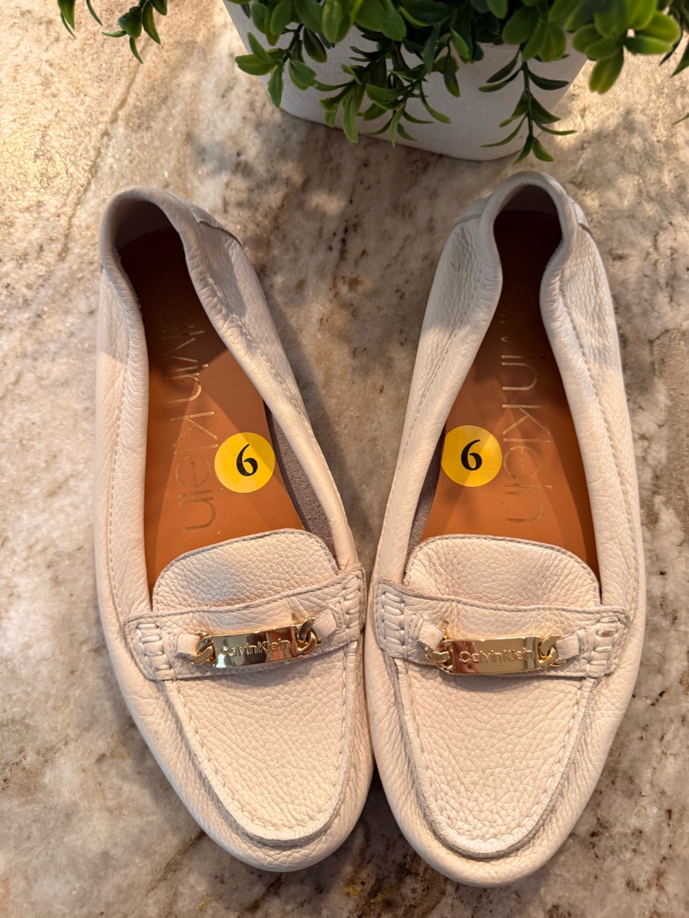Calvin Klein Cream Leather Loafers | Gold Hardware Slip-On Flats